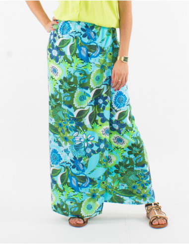 Long viscose wrap-around skirt with sixties print