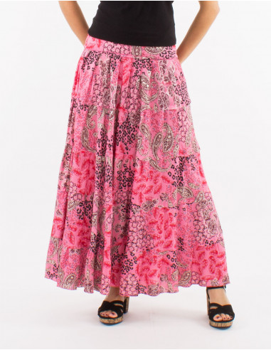 Long polyester skirt with silver pansy print