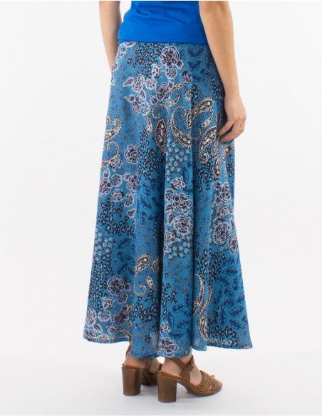 Jupe longue polyester portefeuille imprimé pansy argenté