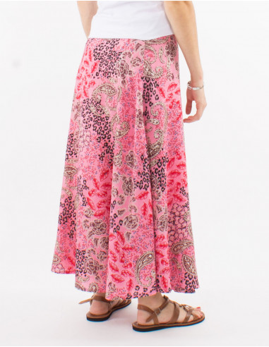 Jupe longue polyester portefeuille imprimé pansy argenté