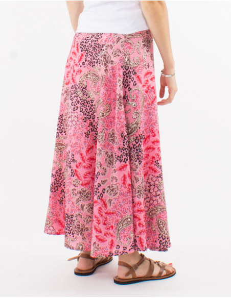 Jupe longue polyester portefeuille imprimé pansy argenté