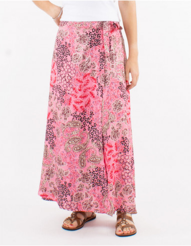 Jupe longue polyester portefeuille imprimé pansy argenté