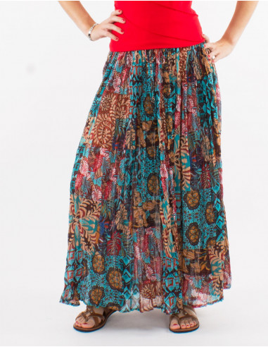 Cotton voile crinkled skirt with ethno print