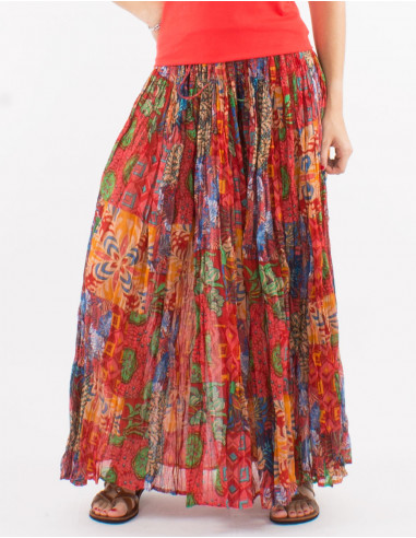 Cotton voile crinkled skirt with ethno print