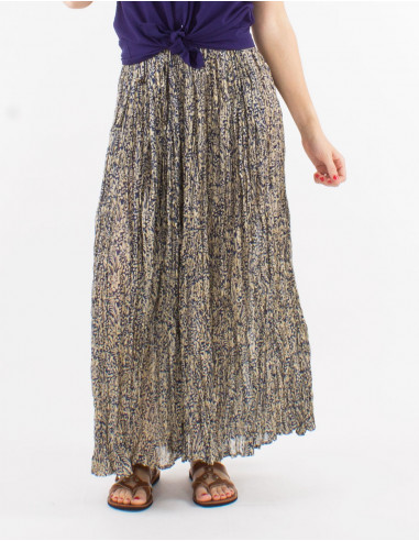 Cotton voile crinkled skirt with damascus print