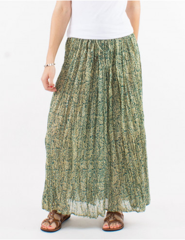 Cotton voile crinkled skirt with damascus print