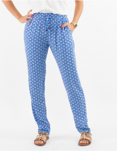 Viscose elastic belt pants with arabesque print