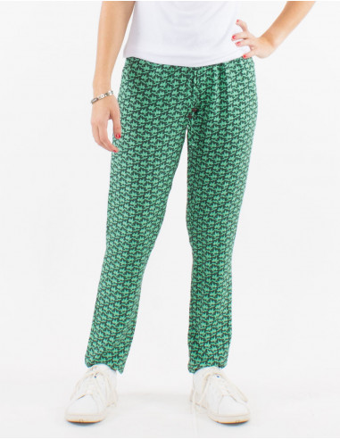 Viscose elastic belt pants with arabesque print