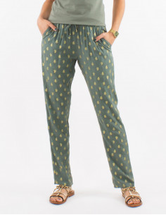 Pantalon viscose ceinture élastique imprimé bali doré