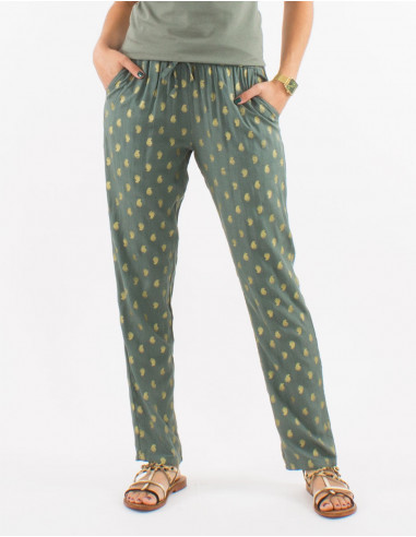 Viscose elastic belt pants with golden bali print