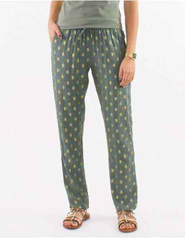Viscose elastic belt pants with golden bali print
