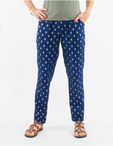 Viscose elastic belt pants with golden bali print