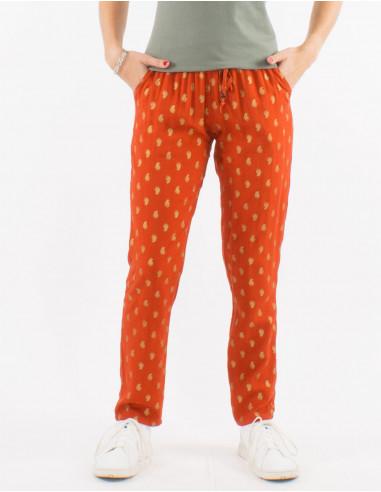 Viscose elastic belt pants with golden bali print