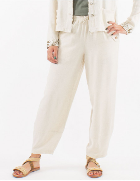 70% viscose 30% linen elastic belt pants