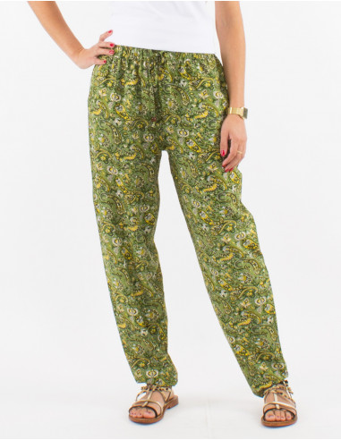 Polyester elastic belt pants with golden cachemire print