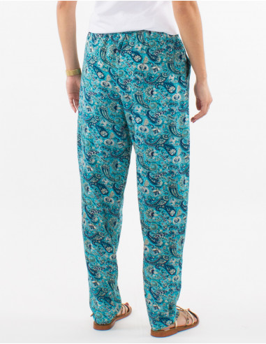 Polyester elastic belt pants with golden cachemire print