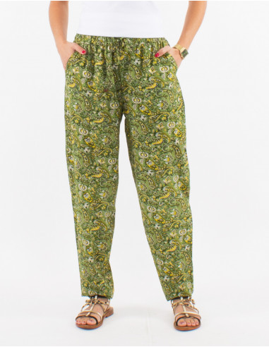Polyester elastic belt pants with golden cachemire print