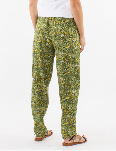 Polyester elastic belt pants with golden cachemire print
