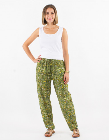Polyester elastic belt pants with golden cachemire print