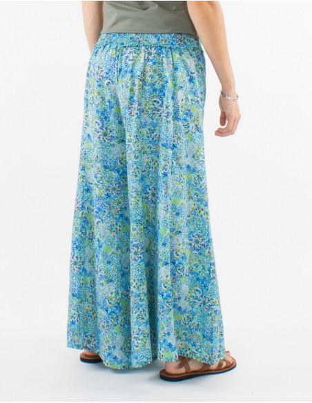 Pantalon large polyester ceinture smockee imprimé sunflower