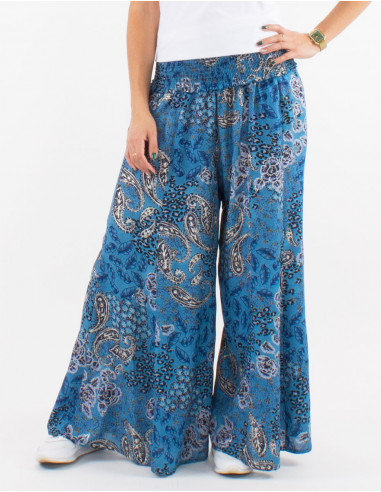 Large polyester pants with silver pansy print