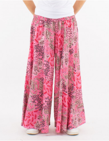 Large polyester pants with silver pansy print