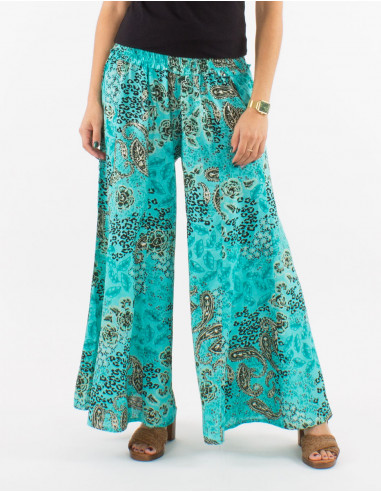 Large polyester pants with silver pansy print
