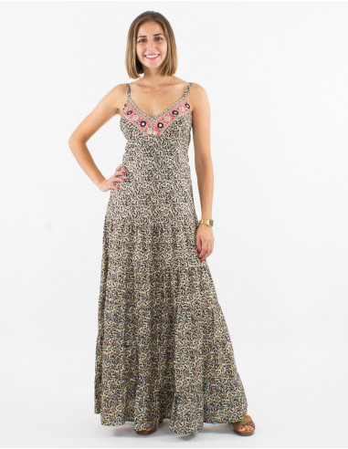 Long polyester sari dress with straps and silver print