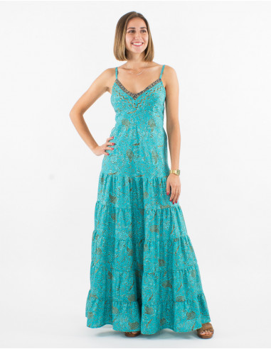 Long polyester sari printed dress with straps