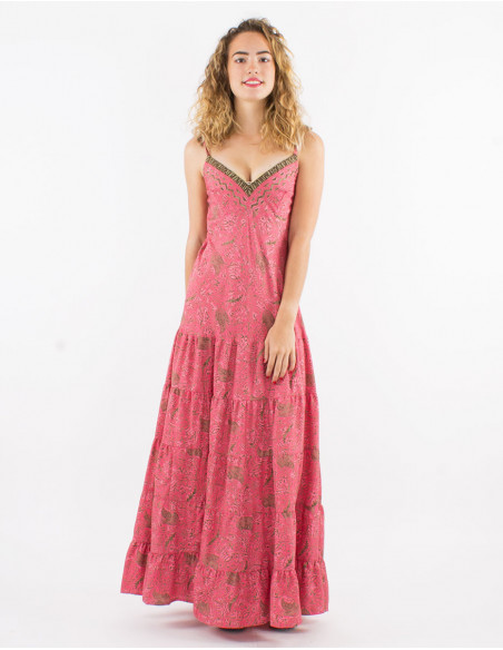 Long polyester sari printed dress with straps