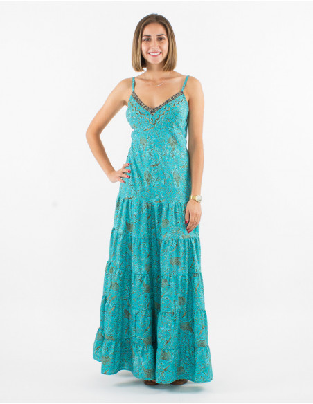 Robe longue polyester bretelles sari imprimé