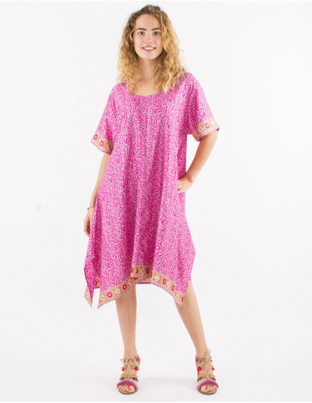 Robe polyester manches courtes sari imprimé argenté