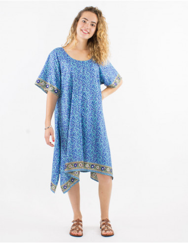 Polyester sari dress with short sleeves and silver print