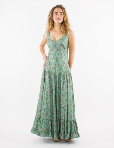 Long polyester sari dress with large straps and silver print