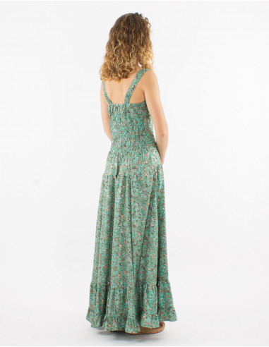 Long polyester sari dress with large straps and silver print