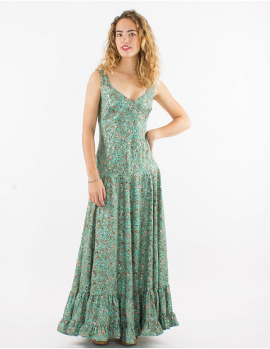 Long polyester sari dress with large straps and silver print