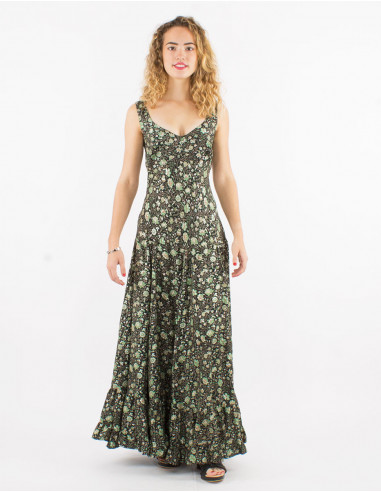 Long polyester sari dress with large straps and silver print