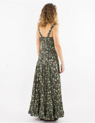 Long polyester sari dress with large straps and silver print