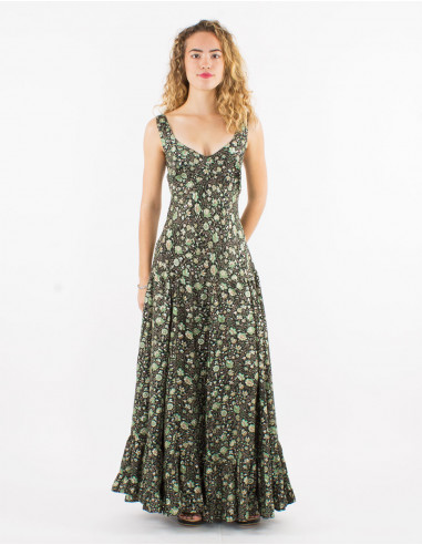 Long polyester sari dress with large straps and silver print