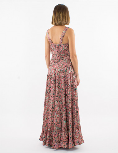 Long polyester sari dress with large straps and silver print