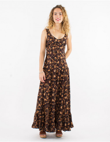 Long polyester sari dress with large straps and daisy print