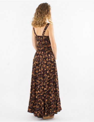 Long polyester sari dress with large straps and daisy print