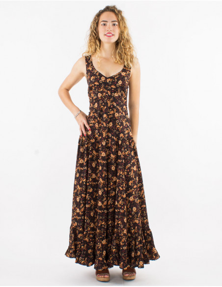 Long polyester sari dress with large straps and daisy print