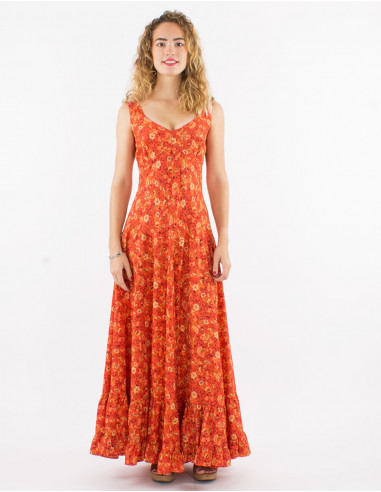 Long polyester sari dress with large straps and daisy print