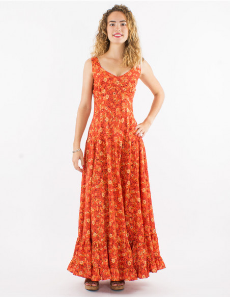 Long polyester sari dress with large straps and daisy print
