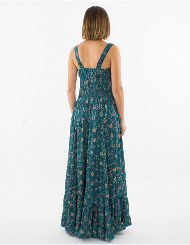 Long polyester sari dress with large straps and daisy print