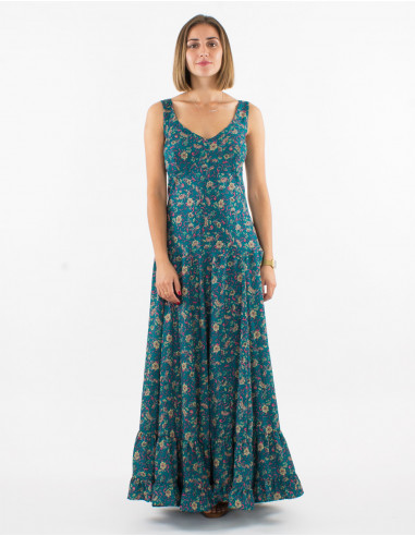 Long polyester sari dress with large straps and daisy print