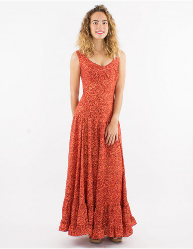 Long polyester sari dress with large straps and golden print
