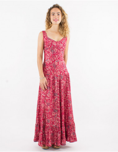Long polyester sari dress with large straps and silver print