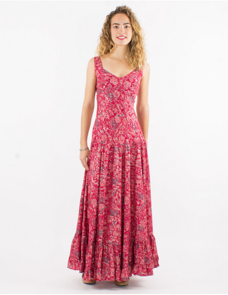 Robe longue polyester bretelles larges sari imprimé argenté